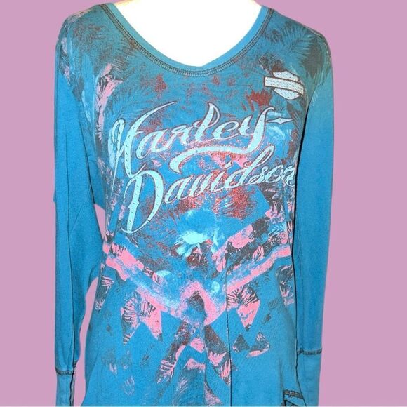 Harley Davidson dark teal green long sleeve top with logo on front - Picture 4 of 10